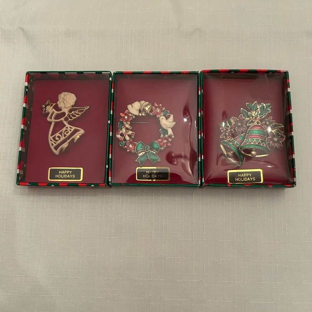 Set of 3 vintage holiday enamel pins
